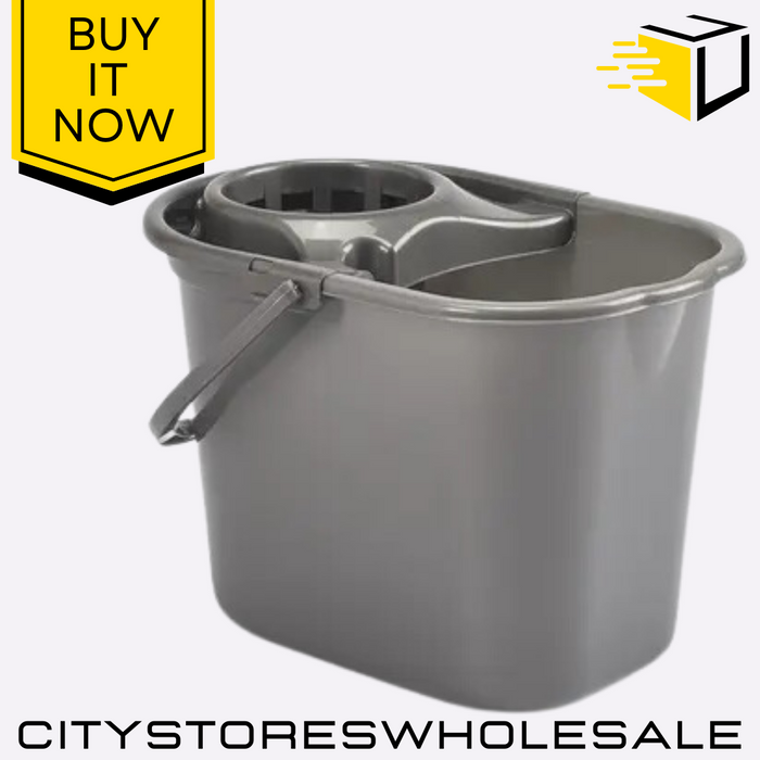 14L Value Mop Bucket Silver Durable Plastic With Handle Easy Clean Whitefurze