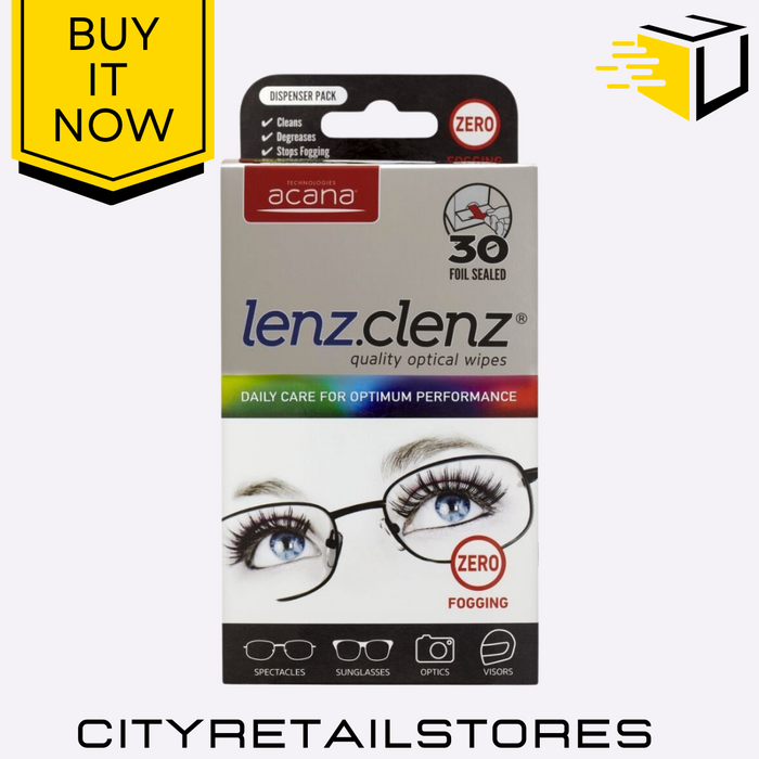 Anti-Fog Non-Smear Acana Lenz Clenz Lens Cleaner For Glasses 30 Optical Wipes