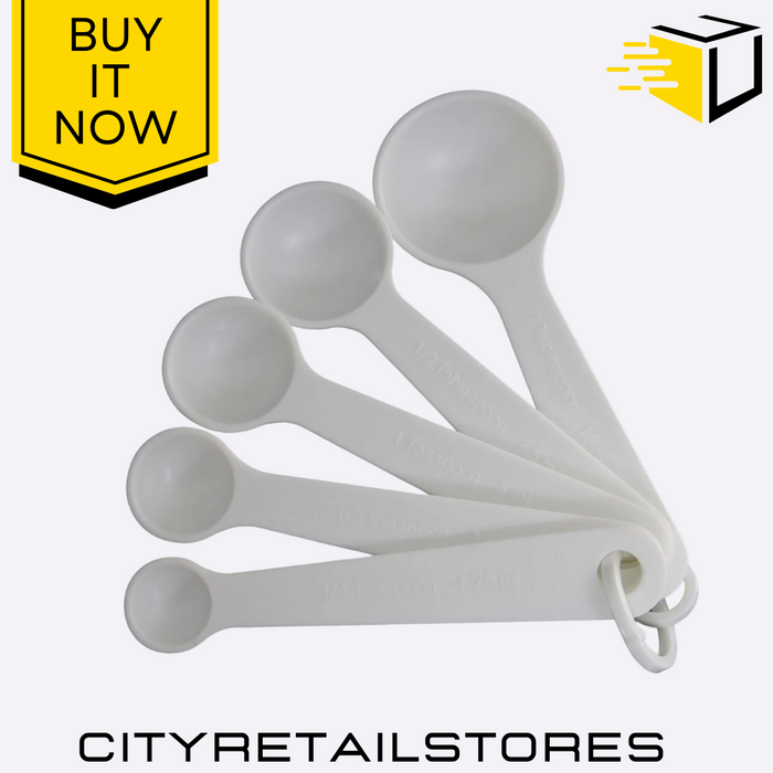 5 White Plastic Measuring Spoons Set Kitchen Apollo Tools Precise & Durable