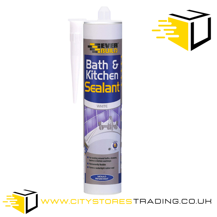 Everbuild White Bath & Kitchen Silicone Sealant Cartridge Mould Resistant 290ml - Everbuild